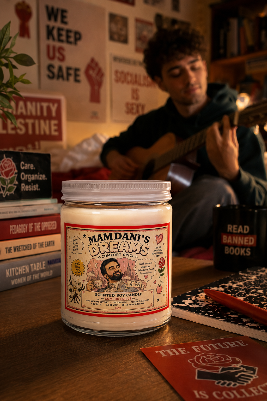 Zohran Mamdani political satire candle in a college dorm with a student playing guitar
