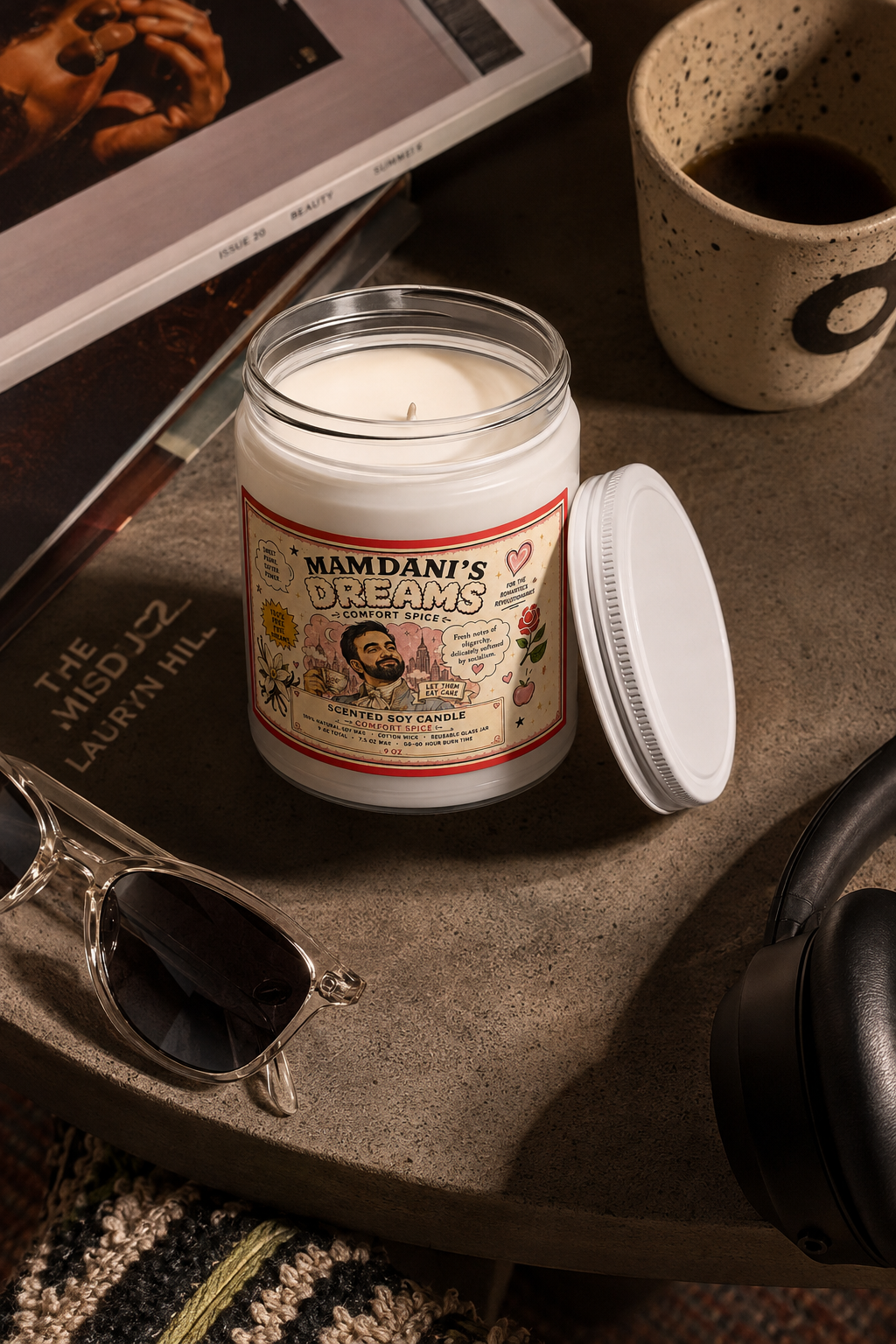 Zohran Mamdani’s Dreams Comfort Spice candle in a cinematic dark apartment flat lay