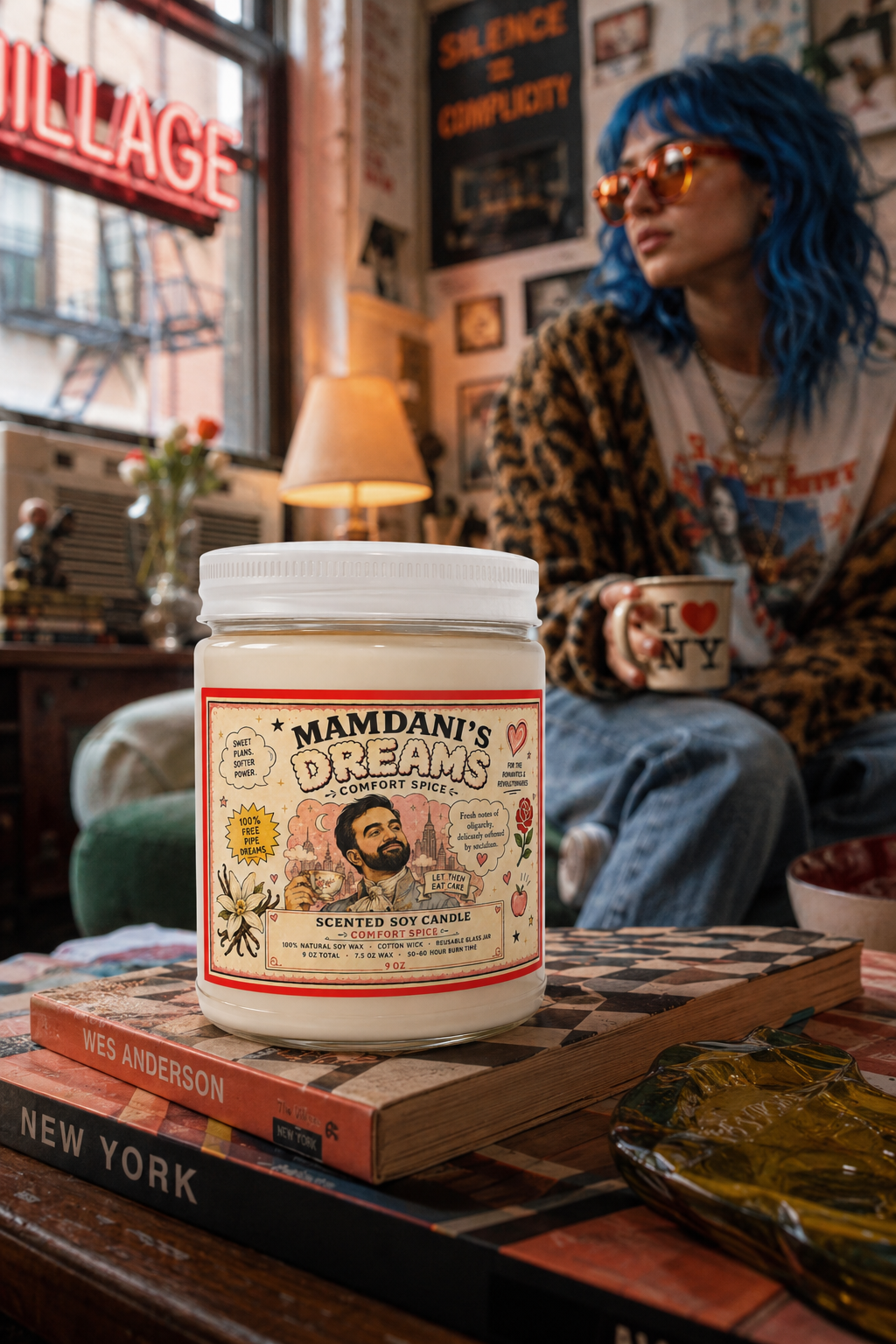 Zohran Mamdani satire candle in a Greenwich Village apartment with a blue-haired Gen Z woman