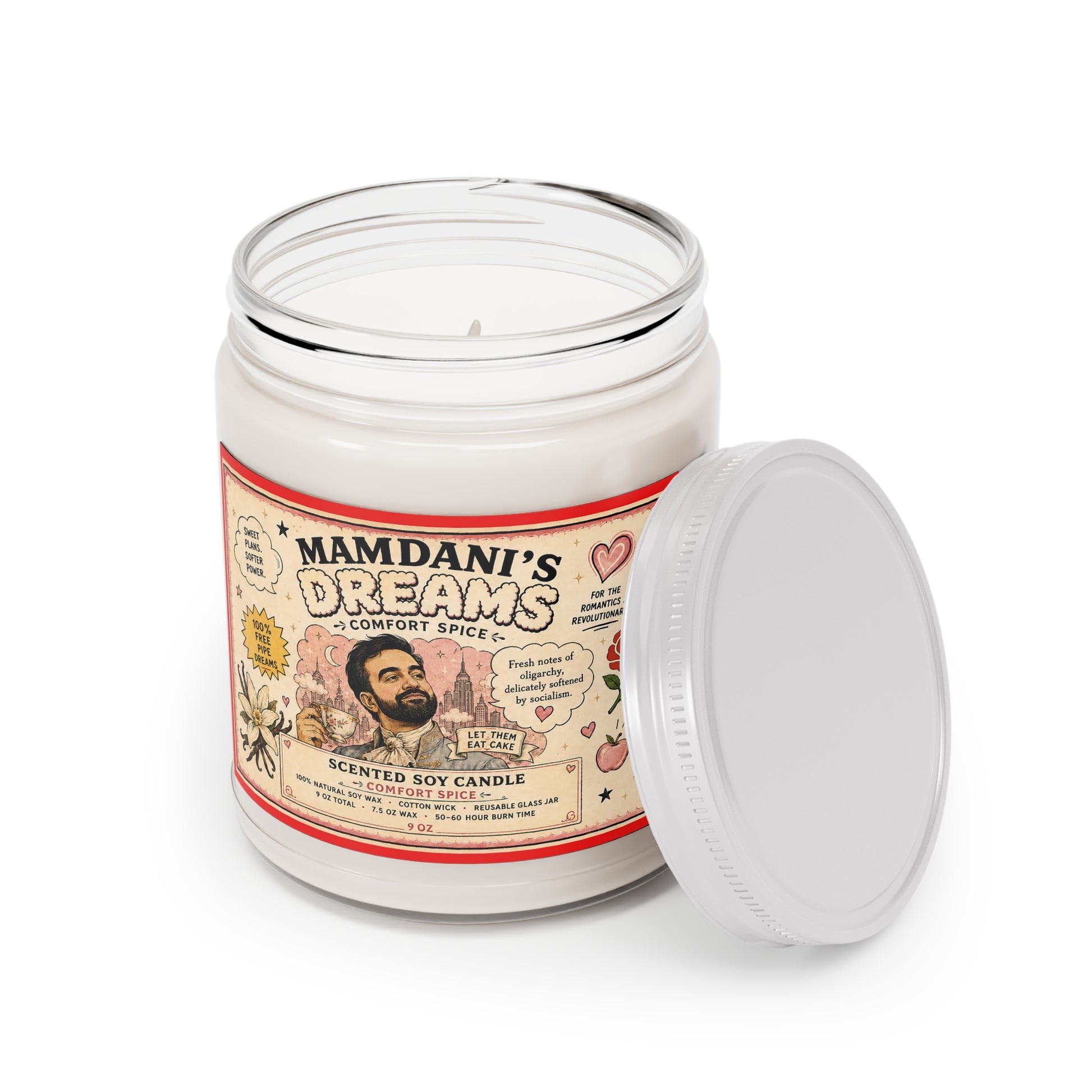 Open Zohran Mamdani’s Dreams Comfort Spice soy candle with removable white lid