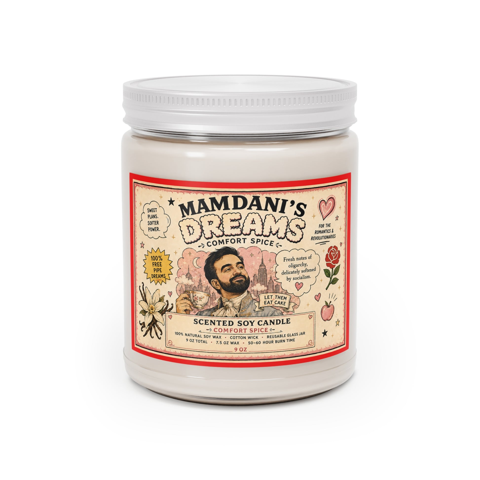 Zohran Mamdani’s Dreams 9 oz Comfort Spice soy candle with political satire cartoon label
